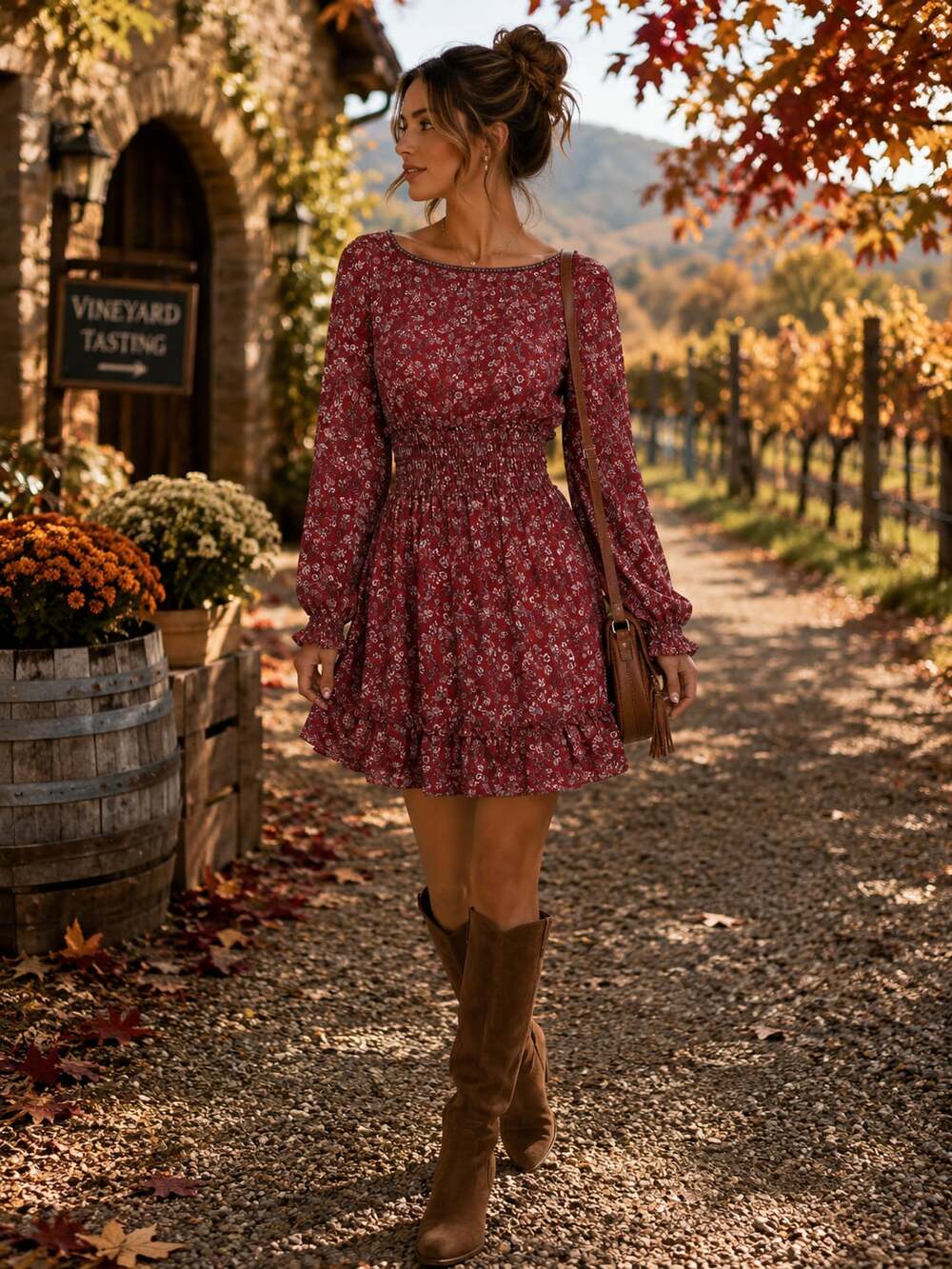 Max Studio Medium Burgundy Floral Long Sleeve Smocked Mini Dress